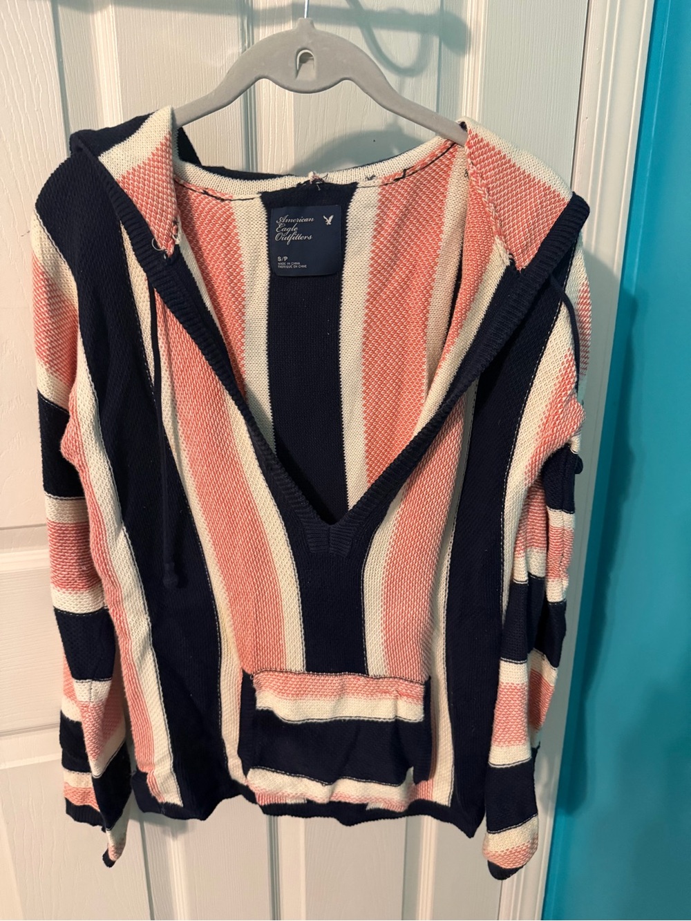American Eagle Outfitters Navy, Pink & Cream Striped V-Neck Hoodie Sweater